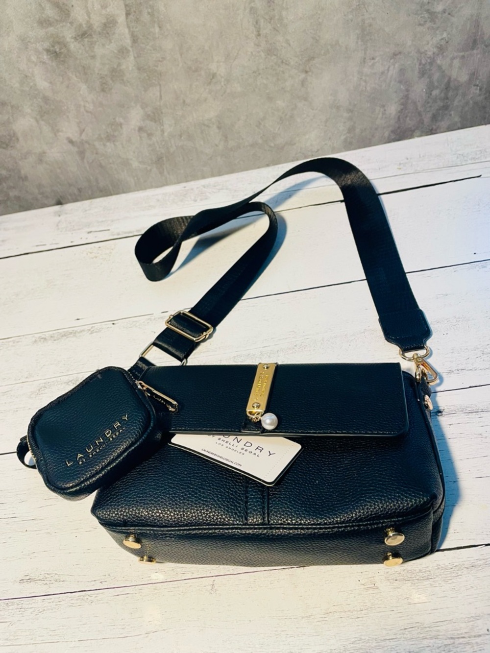 Laundry by Shelli Segal Black Pebbled Crossbody with Coin Pouch and Gold Accent
